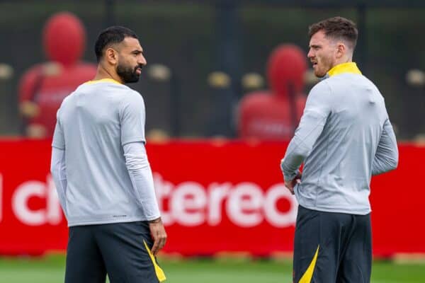 LIVERPOOL, ENGLAND - Monday, September 16, 2024: Liverpool's Mohamed Salah (L) and Andy Robertson during a training session at the AXA Training Centre ahead of the UEFA Champions League match between AC Miland and Liverpool FC. (Photo by Jon Super/Propaganda)