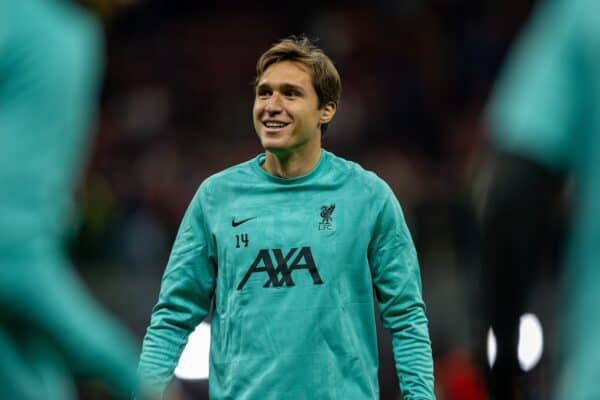 MILAN, ITALY - Tuesday, September 17, 2024: Liverpool's Federico Chiesa during the pre-match warm-up before the UEFA Champions League game between AC Milan and Liverpool FC at the Stadio San Siro. (Pic by David Rawcliffe/Propaganda)