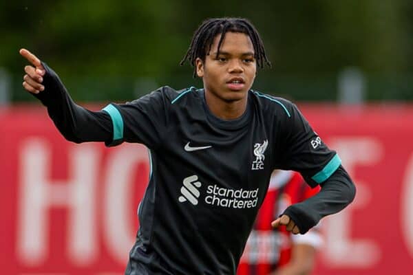 MILAN, ITALY - Monday, September 16, 2024: Liverpool's Rio Ngumoha during a press conference at the Stadio San Siro ahead of the UEFA Champions League matchday 1 game between AC Milan and Liverpool FC. (Photo by David Rawcliffe/Propaganda)