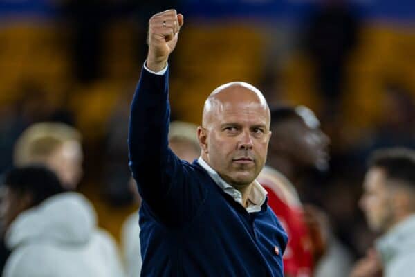 WOLVERHAMPTON, ENGLAND - Saturday, September 28, 2024: Liverpool's head coach Arne Slot celebrates after the FA Premier League match between Wolverhampton Wanderers FC and Liverpool FC at Molineux Stadium. Liverpool won 2-1. (Photo by David Rawcliffe/Propaganda)