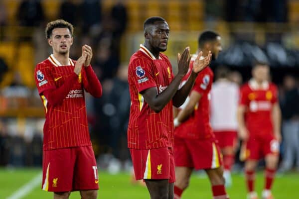 WOLVERHAMPTON, ENGLAND - Saturday, September 28, 2024: Liverpool's Curtis Jones (L) and Ibrahima Konaté applauds the supporters after the FA Premier League match between Wolverhampton Wanderers FC and Liverpool FC at Molineux Stadium. (Photo by David Rawcliffe/Propaganda)