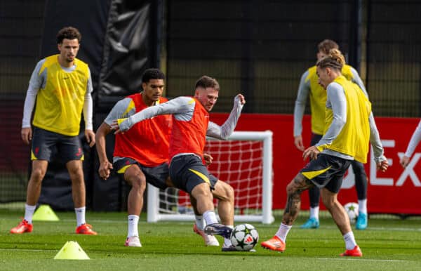 LIVERPOOL, ENGLAND - Tuesday, October 1, 2024: Liverpool's Alexis Mac Allister during a training session at the AXA Training Centre ahead of the UEFA Champions League match between Liverpool FC and Bologna FC. (Photo by David Rawcliffe/Propaganda)