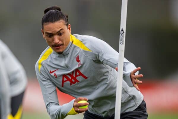 LIVERPOOL, ENGLAND - Tuesday, October 1, 2024: Liverpool's Darwin Núñez during a training session at the AXA Training Centre ahead of the UEFA Champions League match between Liverpool FC and Bologna FC. (Photo by David Rawcliffe/Propaganda)