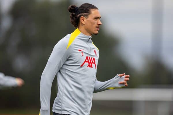 LIVERPOOL, ENGLAND - Tuesday, October 1, 2024: Liverpool's Darwin Núñez during a training session at the AXA Training Centre ahead of the UEFA Champions League match between Liverpool FC and Bologna FC. (Photo by David Rawcliffe/Propaganda)