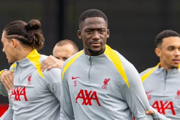 LIVERPOOL, ENGLAND - Tuesday, October 1, 2024: Liverpool's Ibrahima Konaté (L) and Mohamed Salah during a training session at the AXA Training Centre ahead of the UEFA Champions League match between Liverpool FC and Bologna FC. (Photo by David Rawcliffe/Propaganda)