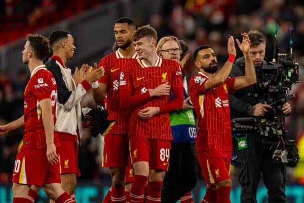 LIVERPOOL, ENGLAND - Wednesday, October 2, 2024: Liverpool's Mohamed Salah applauds the supporters after the UEFA Champions League game between Liverpool FC and Bologna FC 1909 at Anfield. (Photo by David Rawcliffe/Propaganda)