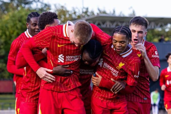 KIRKBY, ENGLAND - Wednesday, October 2, 2024: Liverpool's captain Amara Nallo (C) celebrates with team-mates after scoring his side's second goal during the UEFA Youth League game between Liverpool FC Under-19's and Bologna FC 1909 Under-19's at the Liverpool Academy. (Photo by David Rawcliffe/Propaganda)