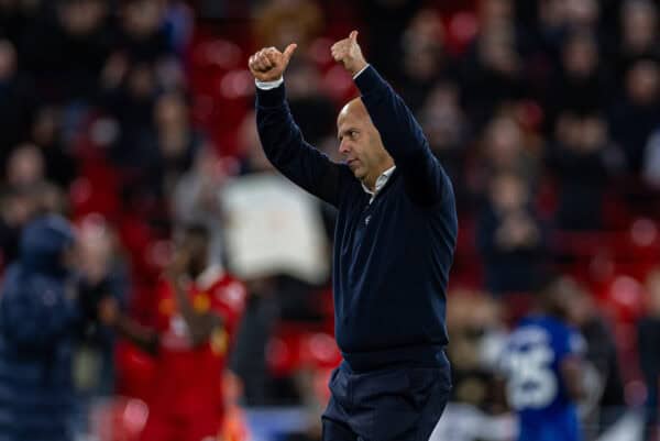 LIVERPOOL, ENGLAND - Saturday, October 19, 2024: Liverpool's head coach Arne Slot celebrates after the FA Premier League match between Liverpool FC and Chelsea FC at Anfield. Liverpool won 2-1. (Photo by David Rawcliffe/Propaganda)