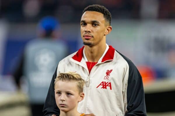 LEIPZIG, GERMANY - Wednesday, October 23, 2024: Liverpool's Trent Alexander-Arnold lines-up before the UEFA Champions League Match Day 3 game between RB Leipzig and Liverpool FC at the Red Bull Arena. (Photo by David Rawcliffe/Propaganda)