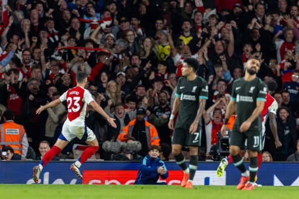 LONDON, ENGLAND - Sunday, October 27, 2024: Arsenal's Mikel Merino celebrates after scoring the second goal during the FA Premier League match between Arsenal FC and Liverpool FC at the Emirates Stadium. (Photo by David Rawcliffe/Propaganda)