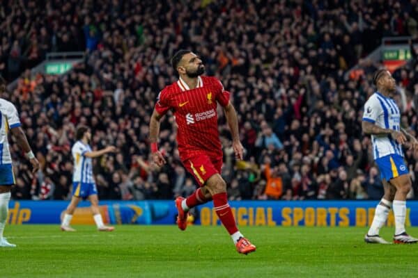 LIVERPOOL, ENGLAND - Saturday, November 2, 2024: Liverpool's Mohamed Salah celebrates after scoring the second goal during the FA Premier League match between Liverpool FC and Brighton & Hove Albion FC at Anfield. (Photo by David Rawcliffe/Propaganda)