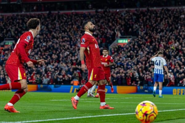 LIVERPOOL, ENGLAND - Saturday, November 2, 2024: Liverpool's Mohamed Salah celebrates after scoring the second goal during the FA Premier League match between Liverpool FC and Brighton & Hove Albion FC at Anfield. (Photo by David Rawcliffe/Propaganda)