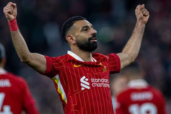 LIVERPOOL, ENGLAND - Saturday, November 2, 2024: Liverpool's Mohamed Salah celebrates after scoring the second goal during the FA Premier League match between Liverpool FC and Brighton & Hove Albion FC at Anfield. (Photo by David Rawcliffe/Propaganda)