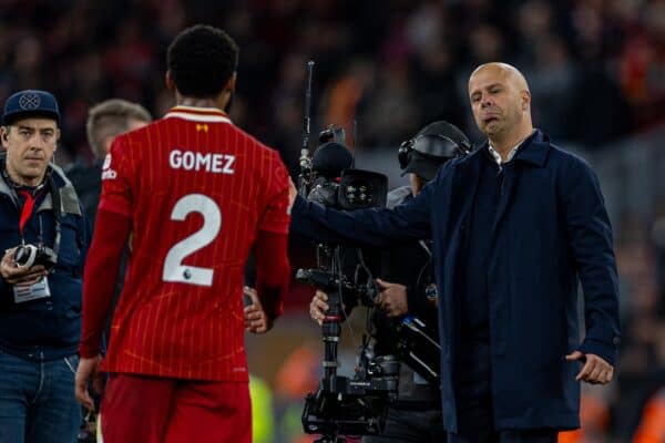 LIVERPOOL, ENGLAND - Saturday, November 2, 2024: Liverpool's head coach Arne Slot with Joe Gomez after the FA Premier League match between Liverpool FC and Brighton & Hove Albion FC at Anfield. (Photo by David Rawcliffe/Propaganda)