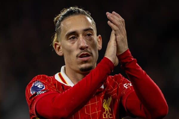 LIVERPOOL, ENGLAND - Saturday, November 2, 2024: Liverpool's Kostas Tsimikas applauds the supporters during the FA Premier League match between Liverpool FC and Brighton & Hove Albion FC at Anfield. (Photo by David Rawcliffe/Propaganda)