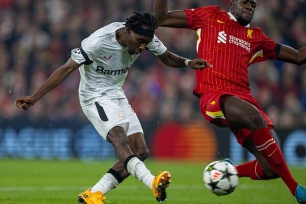 LIVERPOOL, ENGLAND - Tuesday, November 5, 2024: Bayer Leverkusen's Jeremie Frimpong scores but his goal is ruled out for off-side during the UEFA Champions League game between Liverpool FC and Bayer Leverkusen at Anfield. (Photo by David Rawcliffe/Propaganda)