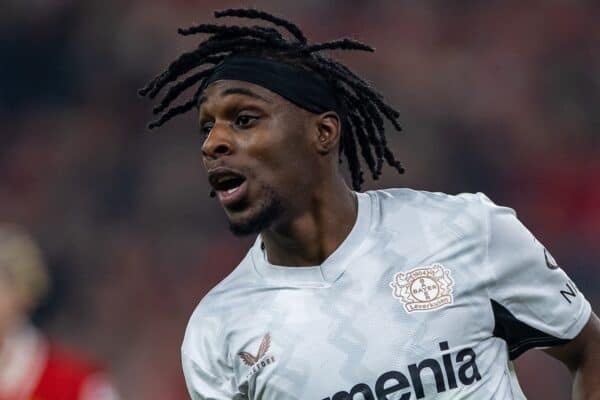 LIVERPOOL, ENGLAND - Tuesday, November 5, 2024: Bayer Leverkusen's Jeremie Frimpong reacts after his goal is ruled out for off-side during the UEFA Champions League game between Liverpool FC and Bayer Leverkusen at Anfield. (Photo by David Rawcliffe/Propaganda)