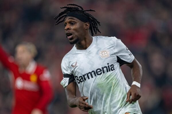 LIVERPOOL, ENGLAND - Tuesday, November 5, 2024: Bayer Leverkusen's Jeremie Frimpong reacts after his goal is ruled out for off-side during the UEFA Champions League game between Liverpool FC and Bayer Leverkusen at Anfield. (Photo by David Rawcliffe/Propaganda)