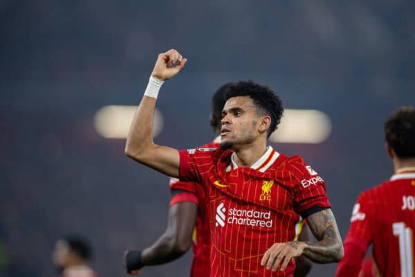 LIVERPOOL, ENGLAND - Wednesday, October 2, 2024: Liverpool's Luis Díaz celebrates after scoring the opening goal during the UEFA Champions League game between Liverpool FC and Bayer Leverkusen at Anfield. (Photo by David Rawcliffe/Propaganda)