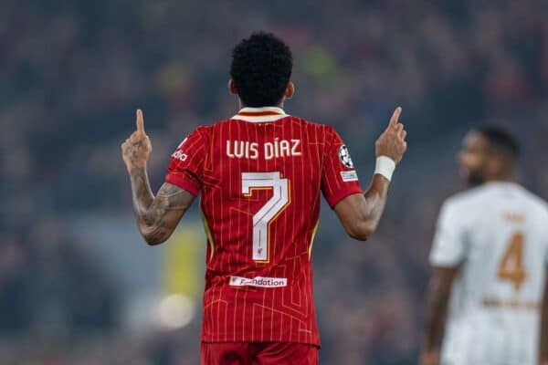 LIVERPOOL, ENGLAND - Wednesday, October 2, 2024: Liverpool's Luis Díaz celebrates after scoring the opening goal during the UEFA Champions League game between Liverpool FC and Bologna FC 1909 at Anfield. (Photo by David Rawcliffe/Propaganda)