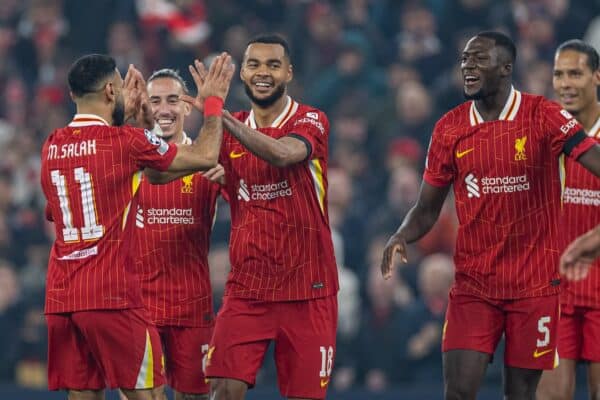 LIVERPOOL, ENGLAND - Wednesday, October 2, 2024: Liverpool's Cody Gakpo (C) celebrates after scoring the second goal during the UEFA Champions League game between Liverpool FC and Bologna FC 1909 at Anfield. (Photo by David Rawcliffe/Propaganda)