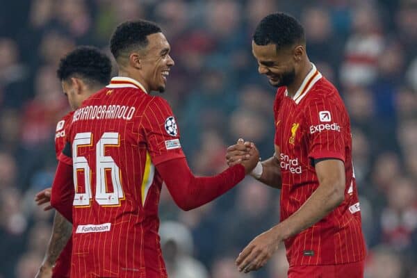 LIVERPOOL, ENGLAND - Wednesday, October 2, 2024: Liverpool's Cody Gakpo (R) celebrates with team-mate Trent Alexander-Arnold after scoring the second goal during the UEFA Champions League game between Liverpool FC and Bologna FC 1909 at Anfield. (Photo by David Rawcliffe/Propaganda)