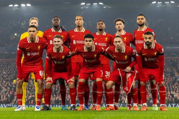 LIVERPOOL, ENGLAND - Wednesday, October 2, 2024: Liverpool's players line-up for a team group photograph before the UEFA Champions League game between Liverpool FC and Bayer Leverkusen at Anfield. (Photo by David Rawcliffe/Propaganda)