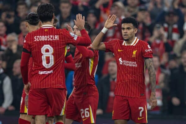 LIVERPOOL, ENGLAND - Tuesday, November 5, 2024: Liverpool's Luis Díaz celebrates after scoring the third goal during the UEFA Champions League game between Liverpool FC and Bayer Leverkusen at Anfield. (Photo by David Rawcliffe/Propaganda)