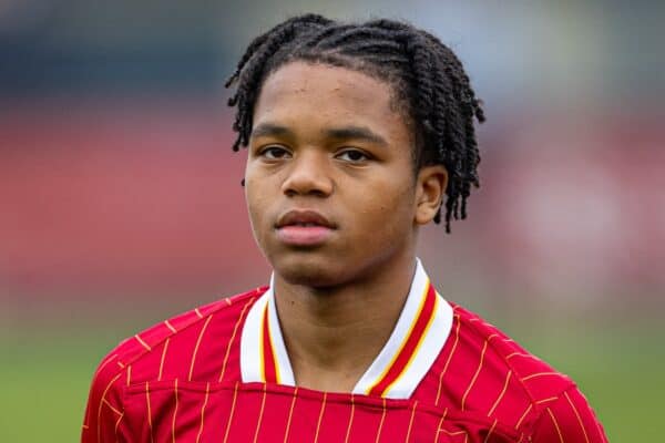 KIRKBY, ENGLAND - Tuesday, November 5, 2024: Liverpool's Rio Ngumoha lines-up before the UEFA Youth League game between Liverpool FC Under-19's and Bayer Leverkusen Under-19's at the Liverpool Academy. (Photo by David Rawcliffe/Propaganda)