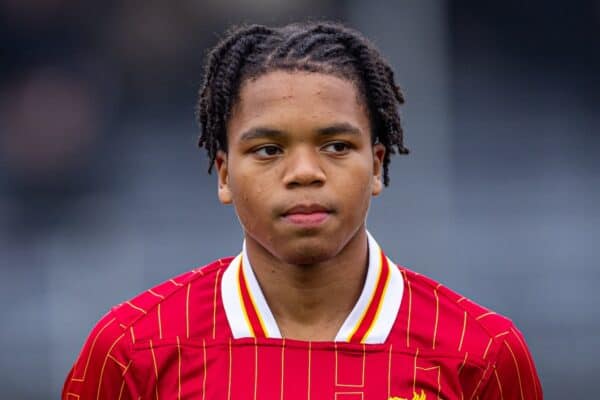 KIRKBY, ENGLAND - Tuesday, November 5, 2024: Liverpool's Rio Ngumoha lines-up before the UEFA Youth League game between Liverpool FC Under-19's and Bayer Leverkusen Under-19's at the Liverpool Academy. (Photo by David Rawcliffe/Propaganda)