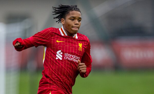 KIRKBY, ENGLAND - Tuesday, November 5, 2024: Liverpool's Rio Ngumoha during the UEFA Youth League game between Liverpool FC Under-19's and Bayer Leverkusen Under-19's at the Liverpool Academy. (Photo by David Rawcliffe/Propaganda)