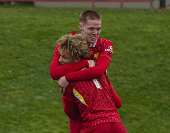 KIRKBY, ENGLAND - Tuesday, November 5, 2024: Liverpool's Carter Pinnington (R) celebrates with team-mate Trent Kone-Doherty after scoring the second goal during the UEFA Youth League game between Liverpool FC Under-19's and Bayer Leverkusen Under-19's at the Liverpool Academy. (Photo by David Rawcliffe/Propaganda)