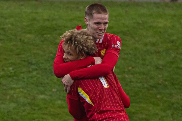 KIRKBY, ENGLAND - Tuesday, November 5, 2024: Liverpool's Carter Pinnington (R) celebrates with team-mate Trent Kone-Doherty after scoring the second goal during the UEFA Youth League game between Liverpool FC Under-19's and Bayer Leverkusen Under-19's at the Liverpool Academy. (Photo by David Rawcliffe/Propaganda)