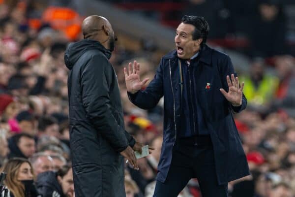 Liverpool, England - Saturday, November 9, 2024: Aston Villa manager Unai Emery protests against the fourth official during the FA Premier League match between Liverpool FC and Aston Villa FC at Anfield. (Photo: David Rawcliffe/Propaganda)