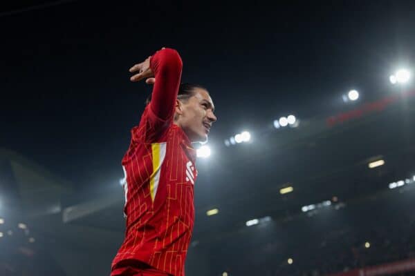 LIVERPOOL, ENGLAND - Saturday, November 9, 2024: Liverpool's Darwin Núñez celebrates after scoring the opening goal during the FA Premier League match between Liverpool FC and Aston Villa FC at Anfield. Liverpool won 2-0. (Photo by David Rawcliffe/Propaganda)