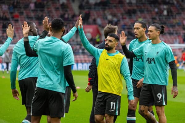 SOUTHAMPTON, ENGLAND - Sunday, November 24, 2024: Liverpool's Mohamed Salah high-five's team-mates during the pre-match warm-up before the FA Premier League match between Southampton FC and Liverpool FC at St Mary's Stadium. (Photo by David Rawcliffe/Propaganda)