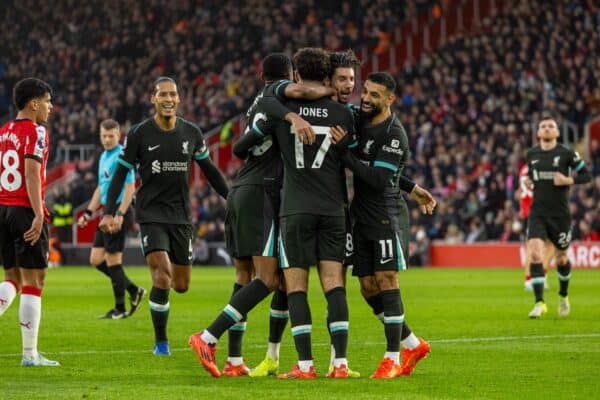 SOUTHAMPTON, ENGLAND - Sunday, November 24, 2024: Liverpool's Dominik Szoboszlai (2nd from R) celebrates with team-mates after scoring the first goal during the FA Premier League match between Southampton FC and Liverpool FC at St Mary's Stadium. (Photo by David Rawcliffe/Propaganda)