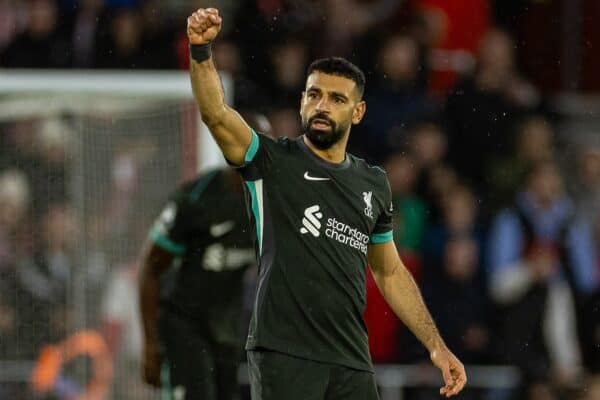 SOUTHAMPTON, ENGLAND - Sunday, November 24, 2024: Liverpool's Mohamed Salah celebrates after scoring his side's second goal during the FA Premier League match between Southampton FC and Liverpool FC at St Mary's Stadium. (Photo by David Rawcliffe/Propaganda)