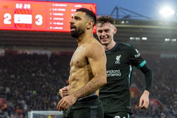SOUTHAMPTON, ENGLAND - Sunday, November 24, 2024: Liverpool's Mohamed Salah celebrates after scoring the third goal during the FA Premier League match between Southampton FC and Liverpool FC at St Mary's Stadium. (Photo by David Rawcliffe/Propaganda)