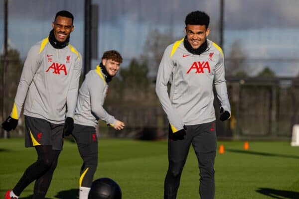 LIVERPOOL, ENGLAND - Tuesday, November 26, 2024: Liverpool's Ryan Gravenberch (L) and Luis Díaz during a training session at the AXA Training Centre ahead of the UEFA Champions League match between Liverpool FC and Real Madrid CF. (Photo by David Rawcliffe/Propaganda)