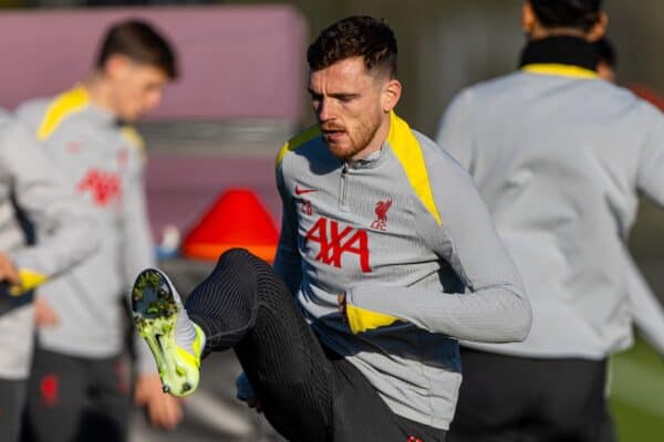 LIVERPOOL, ENGLAND - Tuesday, November 26, 2024: Liverpool's Andy Robertson during a training session at the AXA Training Centre ahead of the UEFA Champions League match between Liverpool FC and Real Madrid CF. (Photo by David Rawcliffe/Propaganda)