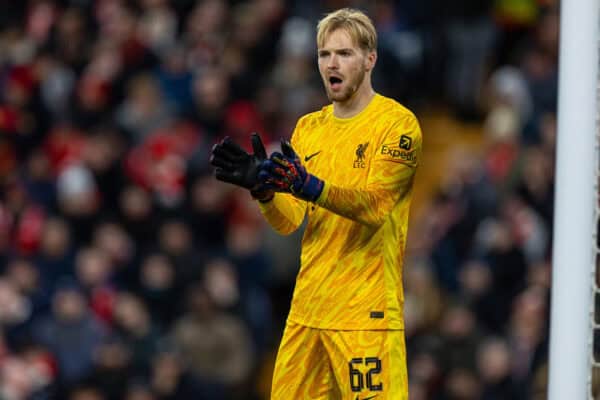 LIVERPOOL, ENGLAND - Wednesday, November 27, 2024: Liverpool's goalkeeper Caoimhin Kelleher during the UEFA Champions League game between Liverpool FC and Real Madrid CF at Anfield. (Photo by David Rawcliffe/Propaganda)