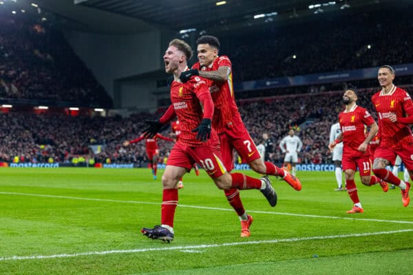 LIVERPOOL, ENGLAND - Wednesday, November 27, 2024: Liverpool's Alexis Mac Allister celebrates after scoring the opening goal during the UEFA Champions League game between Liverpool FC and Real Madrid CF at Anfield. (Photo by David Rawcliffe/Propaganda)