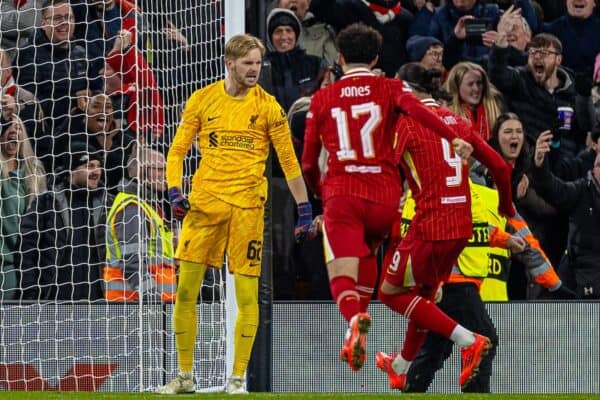 LIVERPOOL, ENGLAND - Wednesday, November 27, 2024: Liverpool's goalkeeper Caoimhin Kelleher celebrates after saving a penalty from Real Madrid's Kylian Mbappé during the UEFA Champions League game between Liverpool FC and Real Madrid CF at Anfield. (Photo by David Rawcliffe/Propaganda)