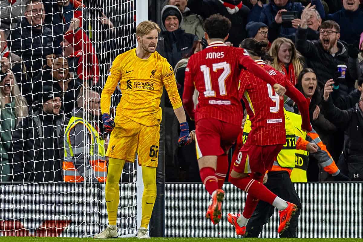 LIVERPOOL, ENGLAND - Wednesday, November 27, 2024: Liverpool's goalkeeper Caoimhin Kelleher celebrates after saving a penalty from Real Madrid's Kylian Mbappé during the UEFA Champions League game between Liverpool FC and Real Madrid CF at Anfield. (Photo by David Rawcliffe/Propaganda)