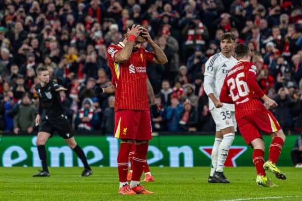 LIVERPOOL, ENGLAND - Wednesday, November 27, 2024: Liverpool's Mohamed Salah reacts as he sees his penalty kick go side during the UEFA Champions League game between Liverpool FC and Real Madrid CF at Anfield. (Photo by David Rawcliffe/Propaganda)