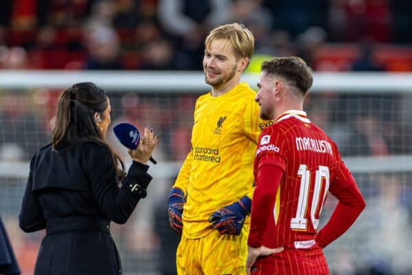 LIVERPOOL, ENGLAND - Wednesday, November 27, 2024: Liverpool's goalkeeper Caoimhin Kelleher and Alexis Mac Allister after the UEFA Champions League game between Liverpool FC and Real Madrid CF at Anfield. (Photo by David Rawcliffe/Propaganda)