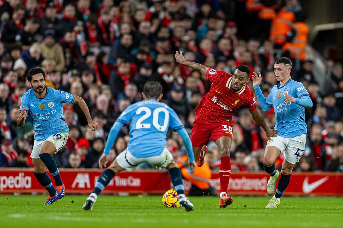 LIVERPOOL, ENGLAND - Sunday, December 1, 2024: Liverpool's Ryan Gravenberch during the FA Premier League match between Liverpool FC and Manchester City FC at Anfield. (Photo by David Rawcliffe/Propaganda)