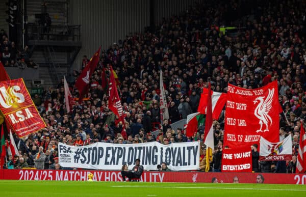 LIVERPOOL, ENGLAND - Sunday, December 1, 2024: Liverpool supporters' banner "Stop Explioting Loyalty" during the FA Premier League match between Liverpool FC and Manchester City FC at Anfield. (Photo by David Rawcliffe/Propaganda)