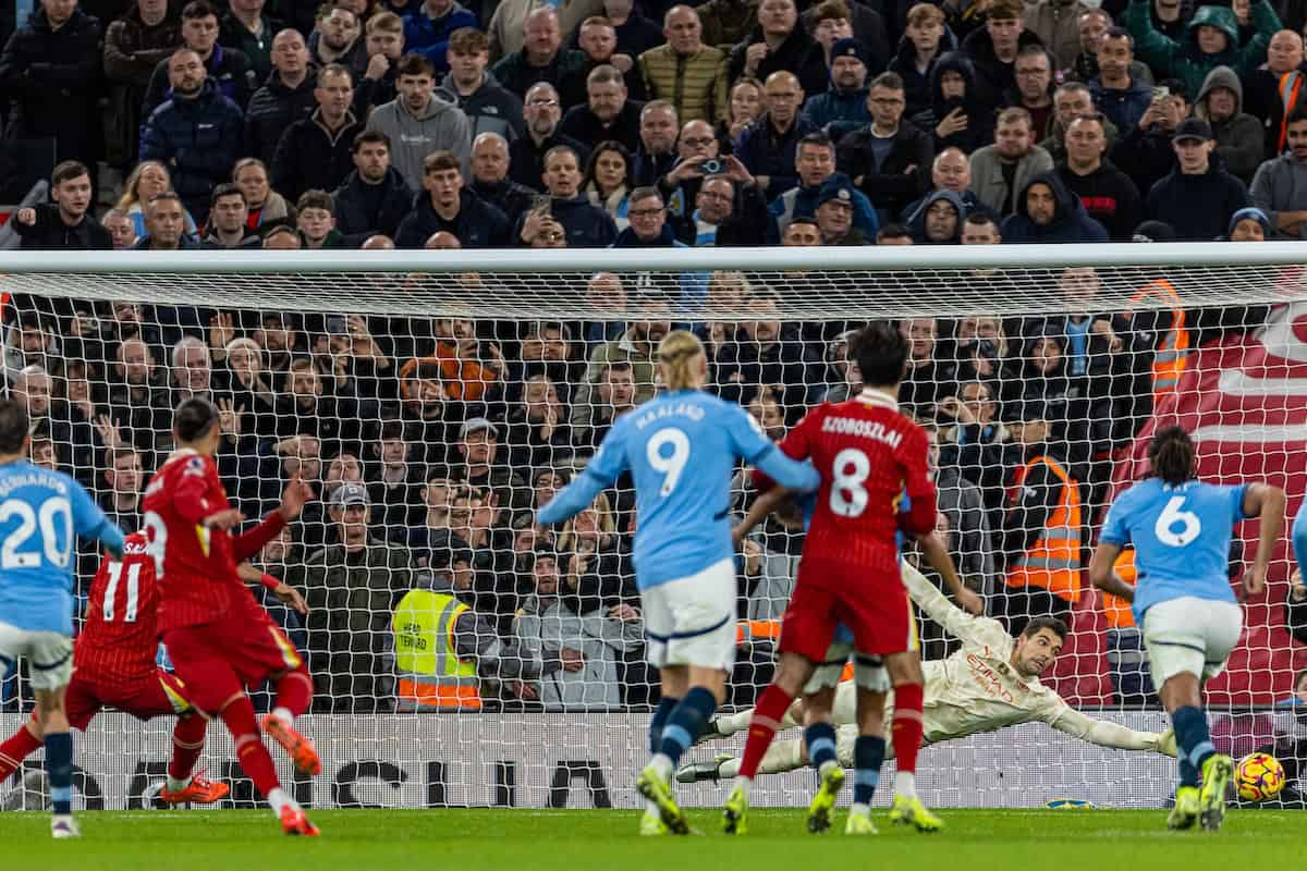 LIVERPOOL, ENGLAND - Sunday, December 1, 2024: Liverpool's Mohamed Salah scores the second goal from a penalty kick during the FA Premier League match between Liverpool FC and Manchester City FC at Anfield. (Photo by David Rawcliffe/Propaganda)